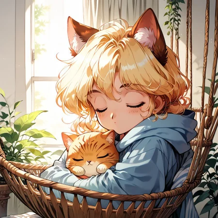 score_9,score_8_up,score_7_up,score_6_up, source_anime,<lora:Faux_Retro_XL:1>, (8k, masterpiece, best quality, cinematic lighting, ultra high res), (extremely detailed image, high resolution, 5k resolution:1.0), (ultra HD quality details), anime, slightly chibi, cute, (((1girl))), catgirl, blonde hair, sleeping in hammock, blanket, calm, cozy, evening, garden, soft color, warm lighting, retro artstyle. Expressiveh
