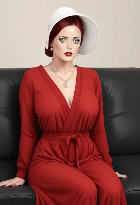 score_9, score_8_up, score_7_up, score_6_up, adult beautiful woman,   (chiaroscuro lighting) 
source_cartoon,   f3rn4nd0, (line art), 
 solo, 
face focus, 
 (1female),  coed 
H4NDM41D,red dress, hood, red_robe, hooded_robe, bonnet, white_headwear, 
(gigantic breasts), fully clothed, 
blond hair, (long elegant with wisps hair), 
red lipstick, long eyelashes, slutty makeup,  mascara
((blushing)),  wanton,   
shameful debauched lewd,  
 (diamond Necklace) (multiple elegant necklaces)
(extremely thin), (skinny thin), (anorexic thin), tiny waist, 
sitting on couch,