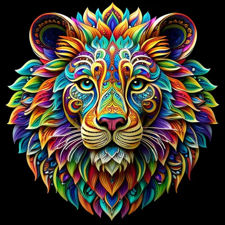create a straight forward image of a Lions face made of intricate and complex mandala designs, extremely beautiful colors showing an aura of beauty, blend rainbow colors in an Ambre, UHD, 32K