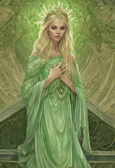 imcc style, 1girl, woman, thirties, beautiful priestess, blond hair, diademe, light green dress, fantasy