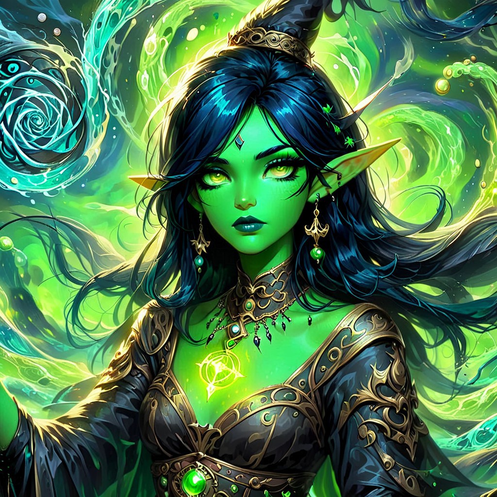 a witch with lime green and black hair, swirling green blue and black magic, jewelry