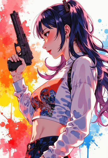 in the style of ck-mgs, watercolor painting, illustration, vibrant, beautiful, painterly, detailed, textural, artistic, concept art, close up on face, masterpiece, great lighting, BREAK, detailed face, closeup watercolour profile painting of chinese cyberpunk girl, silhouette, long hair, bangs, twintails, sidelocks, makeup, thin red lips, cleavage, bare midriff, pierced navel, crop top with printed image, cleavage, underboob, sideboob, holding pistol, aiming pistol at viewer, cyberpunk aesthetic, abstract background