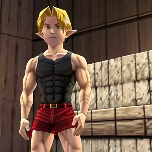 1boy, pointy ears, tank top, bow, shorts, blonde hair, fit,