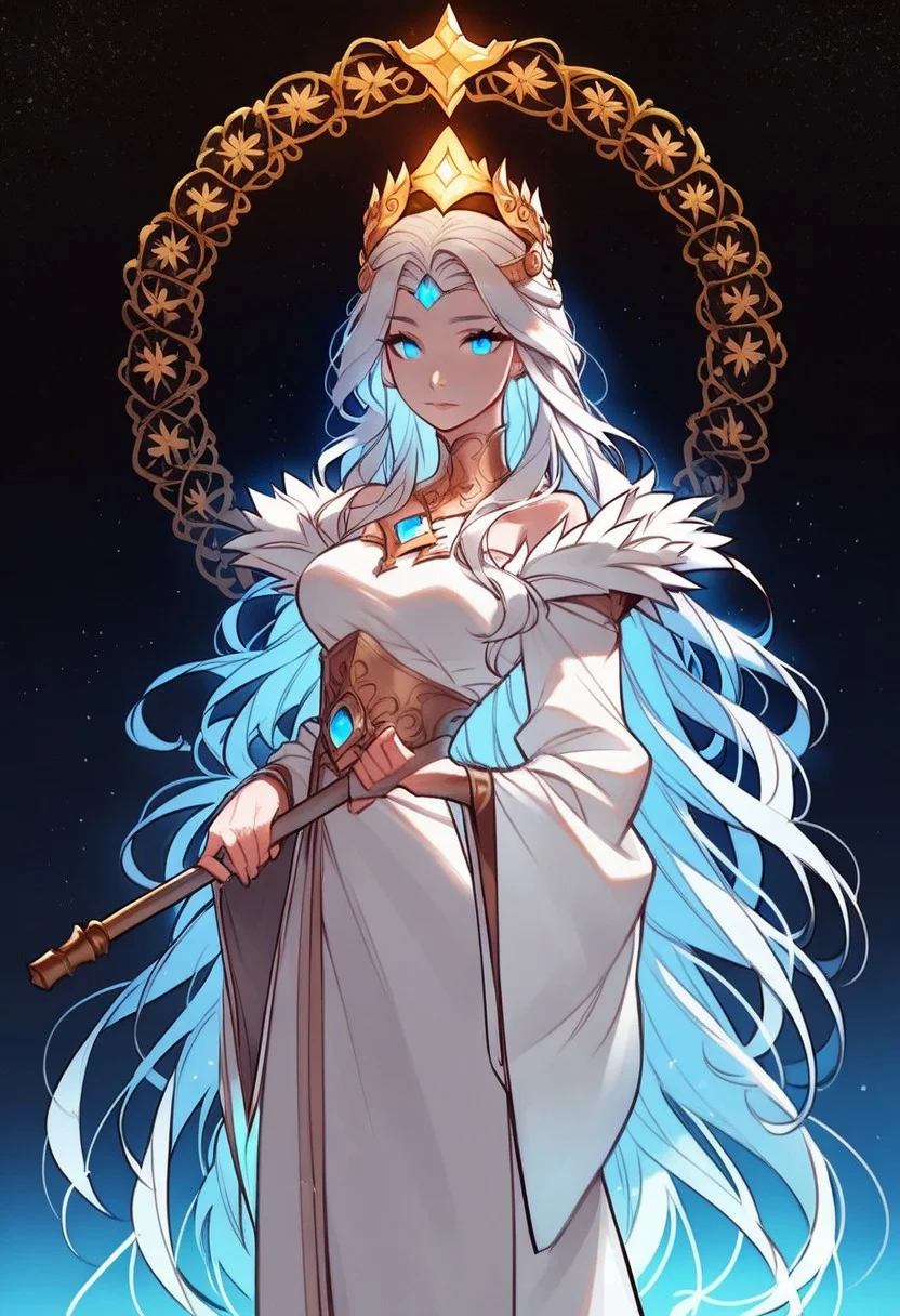 (score_9, score_8_up, score_7_up), tlu, rating_safe,ph1lt0m4t0,3m0t3,
(1girl, solo, divine seraph woman), blue eyes, slender body type, medium breasts, glowing white skin, serene expression, very long flowing hair with jeweled crown, silver hair with blue highlights, ethereal white robe with gold embroidery, standing on clouds in a celestial realm, faint golden light surrounding, holding a golden staff, divine and radiant.