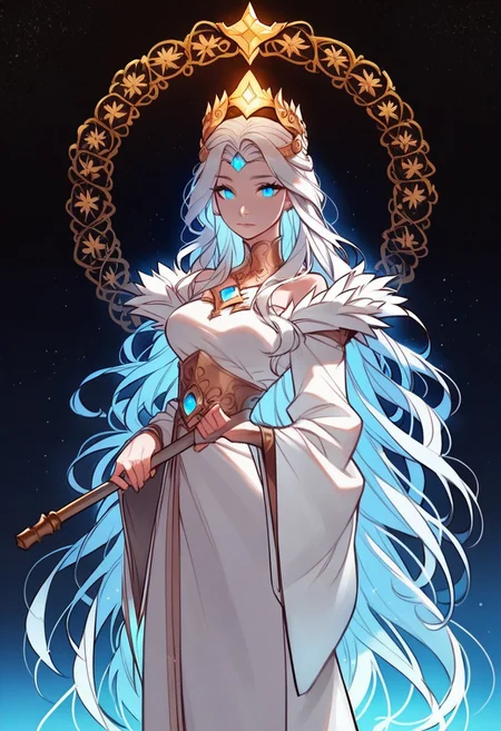 (score_9, score_8_up, score_7_up), tlu, rating_safe,ph1lt0m4t0,3m0t3,
(1girl, solo, divine seraph woman), blue eyes, slender body type, medium breasts, glowing white skin, serene expression, very long flowing hair with jeweled crown, silver hair with blue highlights, ethereal white robe with gold embroidery, standing on clouds in a celestial realm, faint golden light surrounding, holding a golden staff, divine and radiant.