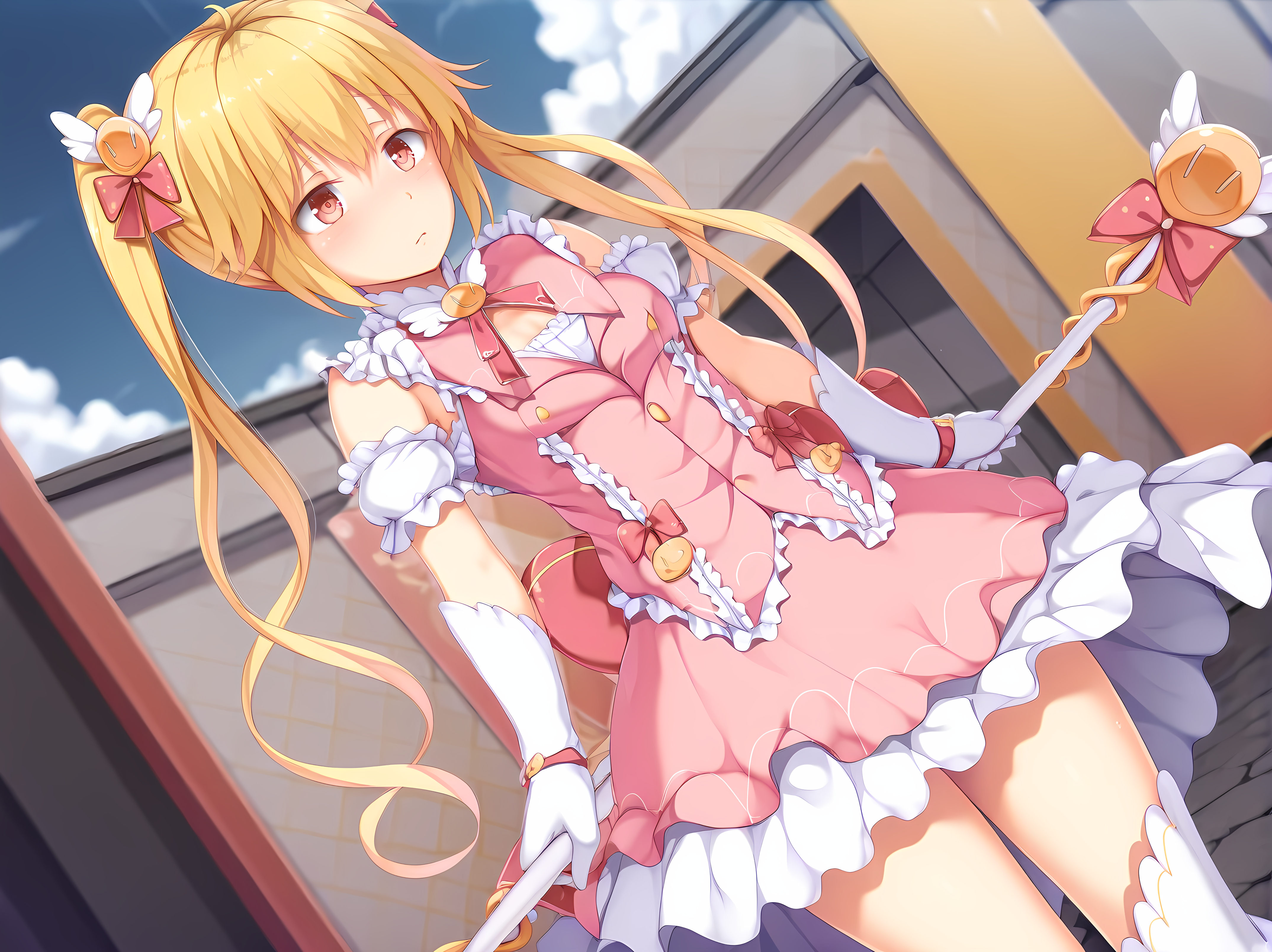 <lora:Kirishima_Reon_-_Yamizome_Revenger_-_Escude:1>,1girl,escude,reon,mg outfit,holding,staff,holding staff,medium breasts,outdoors,dutch angle,standing,simple background,, masterpiece,best quality,amazing quality,