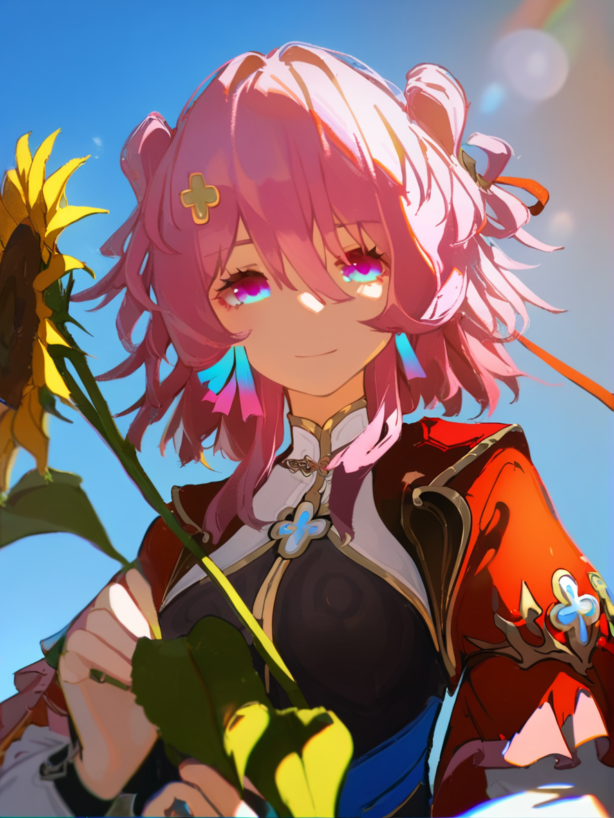 1girl, 
march 7th \(honkai: star rail\),  
solo, red sleeves, flower, sky, day, depth of field, lens flare, bokeh, chromatic aberration, blue sky, long sleeves, outdoors, holding flower, upper body, pink hair, holding, sunflower, 
  safe
 <lora:mki-ani31-march_7th_The_Hunt-v2-000025:1> <lora:mki-ani31-ahriii-v1-000125:1>