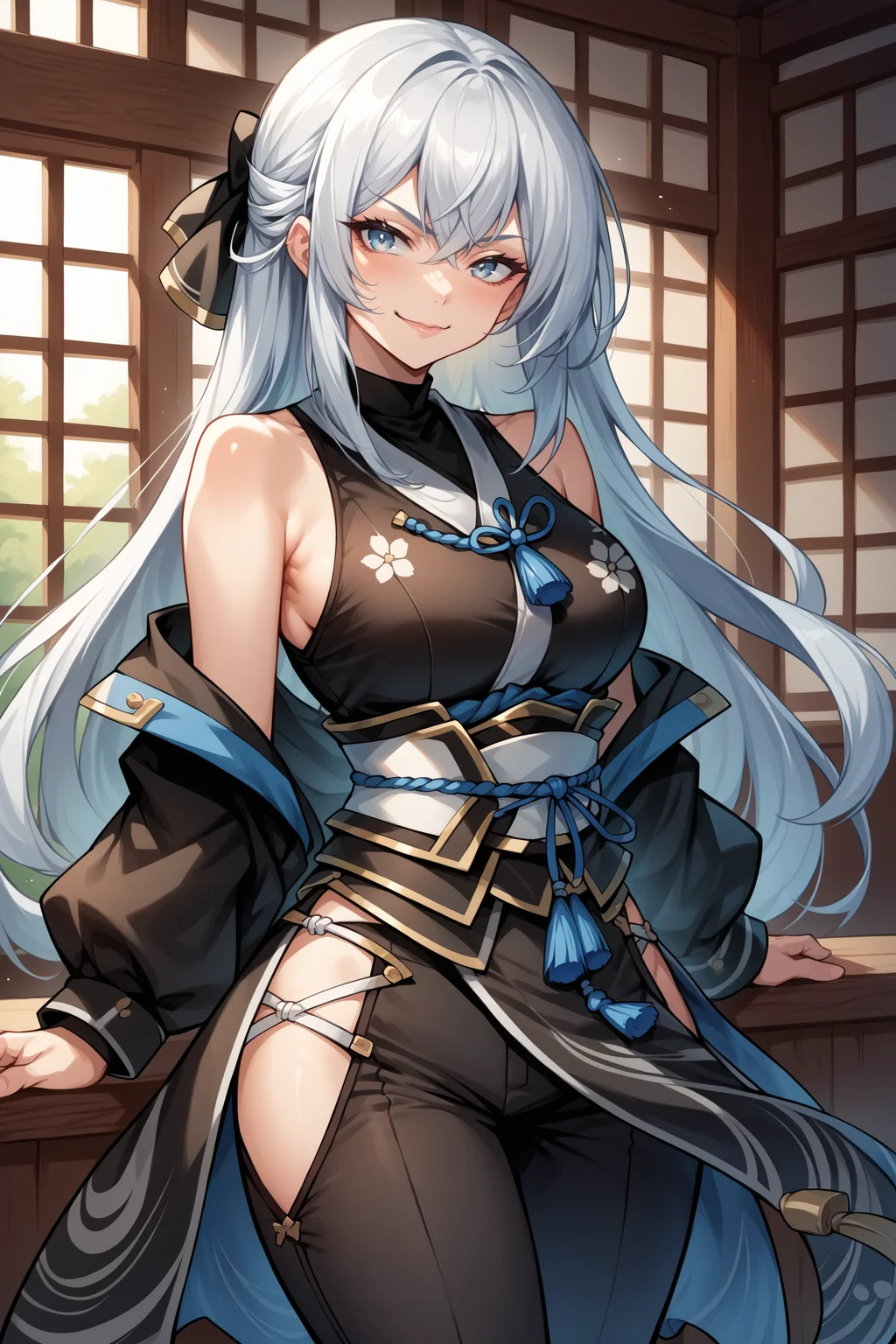 score_9, score_8_up, score_7_up, , rating_general ,1girl , long hair, grey hair,  sidelocks tied back, black hair bow, sleeveless black kimono,  blue tassel, sash, hip vent, black pants, toeless footwear,  source_anime, <lora:ShizunaRemMisurugiPDCAMEq1v1.1 Eiyuu Densetsu:1>, cowboy shot,  abstract, naughty face, alluring, indoors, bare arms