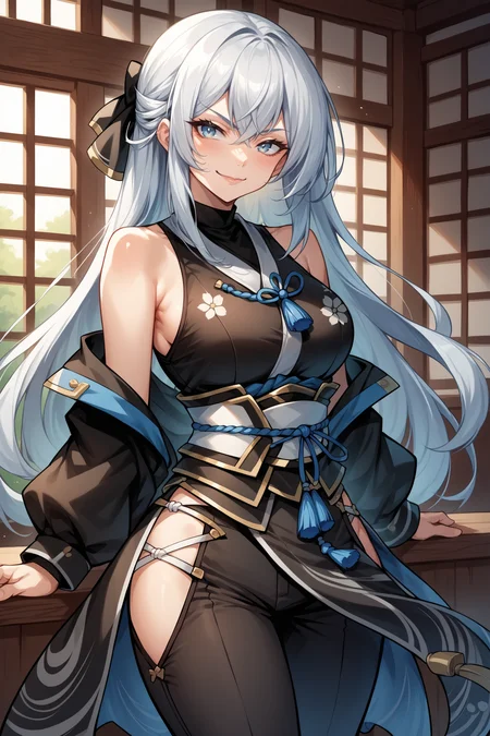 score_9, score_8_up, score_7_up, , rating_general ,1girl , long hair, grey hair,  sidelocks tied back, black hair bow, sleeveless black kimono,  blue tassel, sash, hip vent, black pants, toeless footwear,  source_anime, <lora:ShizunaRemMisurugiPDCAMEq1v1.1 Eiyuu Densetsu:1>, cowboy shot,  abstract, naughty face, alluring, indoors, bare arms
