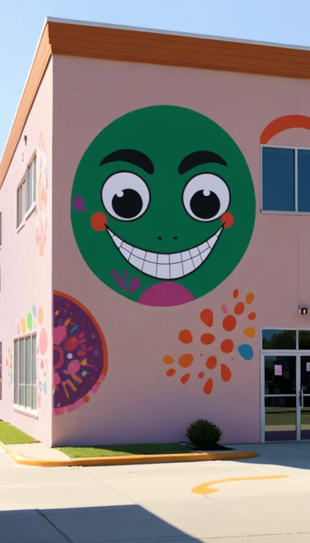 the Everly Heights Community Center with funky faces painted on it <lora:Everly Heights TaleSpinner XL:1>