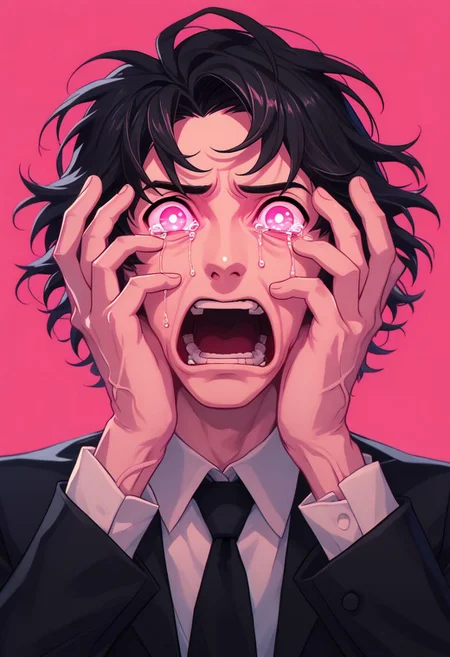 did vaporwave style, 1boy, male focus, solo, open mouth, hands on own face, tears, black hair, glowing, necktie, veins, pink background, simple background, looking at viewer, pink eyes, zPDXL2