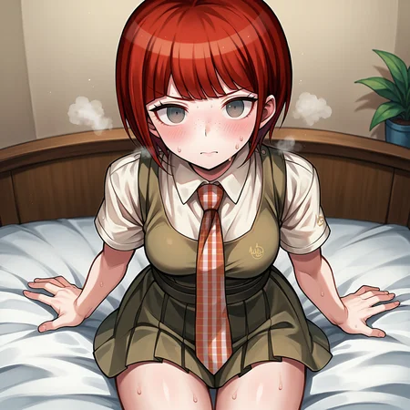 score_9, score_8_up, score_7_up, score_6_up, score_5_up, score_4_up, BREAK source_anime,POV,on bed,sitting(blush,steam,sweat:1.3), <lora:Koizumi_Mahiru_V1:1>koizumi Mahiru,danganronpa,red hair,short hair,gray eyes,khaki skirt, pleated skirt, khaki vest, white collared shirt, short sleeves, red tie, red and white plaid tie