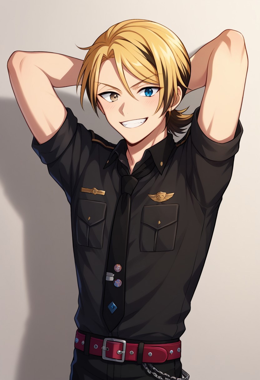score_9, score_8_up, score_7_up, source_anime, highly detailed, 
leonard, solo, blonde hair, black hair, two-tone hair, 1boy, male focus, necktie, black necktie, upper body, arms behind head, pants, belt, chain, uniform, arms up, black pants, shirt, heterochromia, short ponytail, blue eye, grey eye, black shirt, rolled up sleeves, smile, grin,