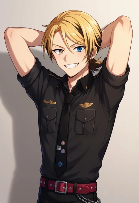 score_9, score_8_up, score_7_up, source_anime, highly detailed,
leonard, solo, blonde hair, black hair, two-tone hair, 1boy, male focus, necktie, black necktie, upper body, arms behind head, pants, belt, chain, uniform, arms up, black pants, shirt, heterochromia, short ponytail, blue eye, grey eye, black shirt, rolled up sleeves, smile, grin,