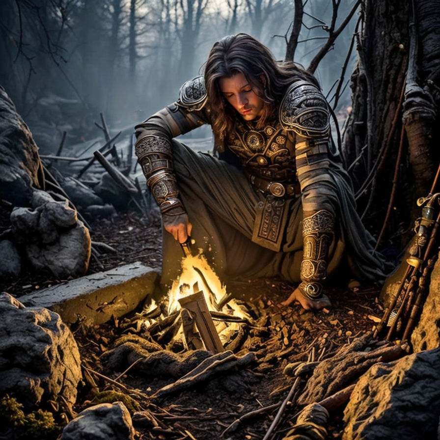 RAW photo, (masterpiece:1.3), subsurface scattering, heavy shadow, (high quality:1.4), (intricate, high detail:1.2), professional photography, HDR, High Dynamic Range, realistic, ultra realistic, photorealistic, high resolution, film photography, ambient lighting, atmospheric effects, <lora:detail_slider_v4:2>, OverallDetail,  <lora:Campsite:1>, and, fire, ground, knife, man, middle, the, with, epiCPhoto