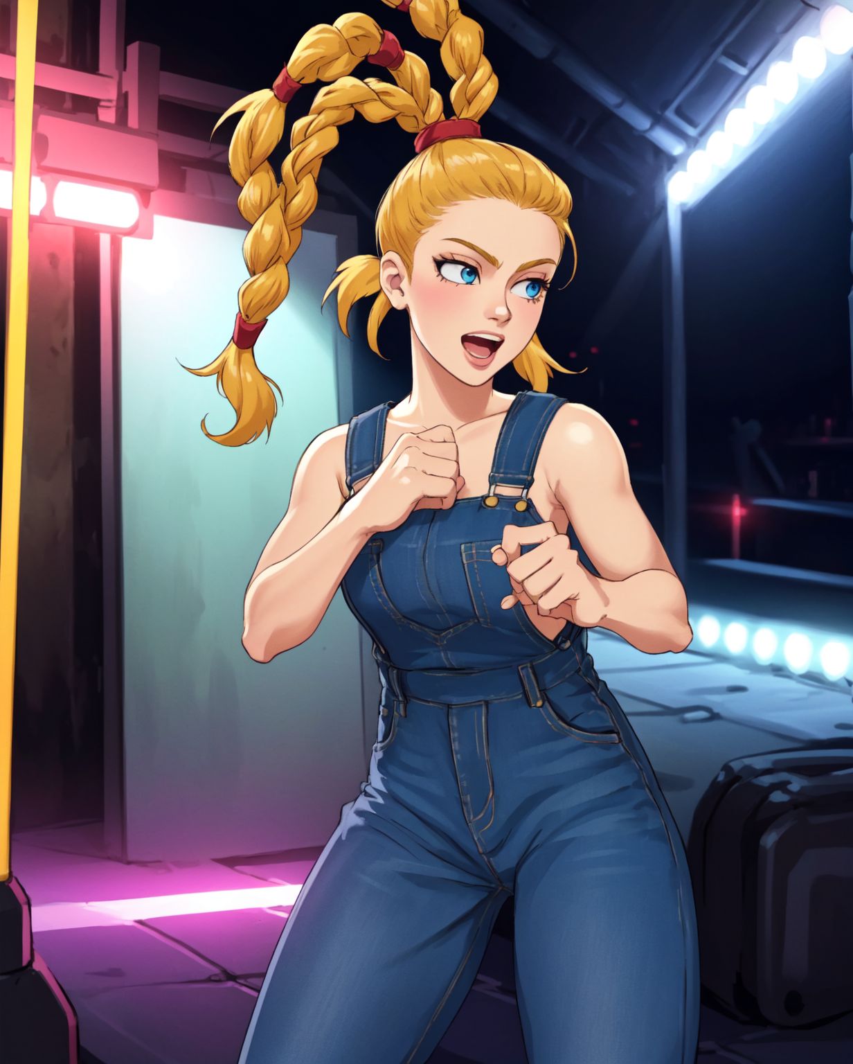 (masterpiece, best quality, high resolution, highly detailed skin:1.3),  <lora:j0_EHZ:0.6> j0ehz, braided ponytails, multiple ponytails, blonde hair, blue eyes, (nightclub, rave:1.3), denim overalls,  (grooving expression:1.3), dancing