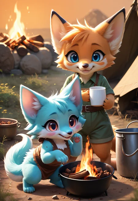 score_9, score_8_up, score_7_up, score_6_up, score_5_up, score_4_up, extremely detailed, source_furry, (a cute female furry hybrid, kawaii, uwu, rawrr, shy), (detailed fur, detailed face, big eyes, medium breasts), ((adventure outfit, fully clothed)), (detailed savanna background, tent, campfire, cooking pot, lots of details),