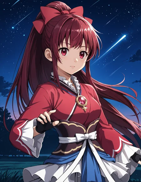 score_9, score_8_up, source_anime, 1girl, upper body, medium shot, detailed, mgrcamanetsukuyo, tsymgc, dark red eyes, high ponytail, dark red hair, red hair bow, necklace, pink gem pendant, short red kimono, wide sleeves, white frills, brown obi, white obijime, blue waist sash, white frilled skirt, black fingerless gloves, hand up, sky background, night, sky, stars, dynamic pose, wind, (side view:0.6), <lora:mgrcamanetsukuyo_XL:1>