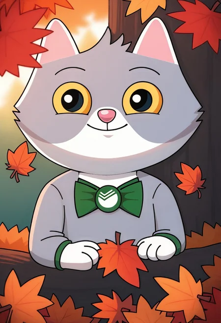 score_9, score_8_up, score_7_up, score_6_up, score_5_up, score_4_up, <lora:Sbercat:0.8>, sbercat, cat, grey fur, two tone fur, cat tail, black eyes, yellow sclera, green bowtie with sber logo, solo, looking at viewer, outdoors, forest, nature, tree, autumn, autumn leaves, peeking out, upper body, grass, flower, behind tree, light smile, closed mouth, <lora:zy_Detailed_Backgrounds_v1:0.7>