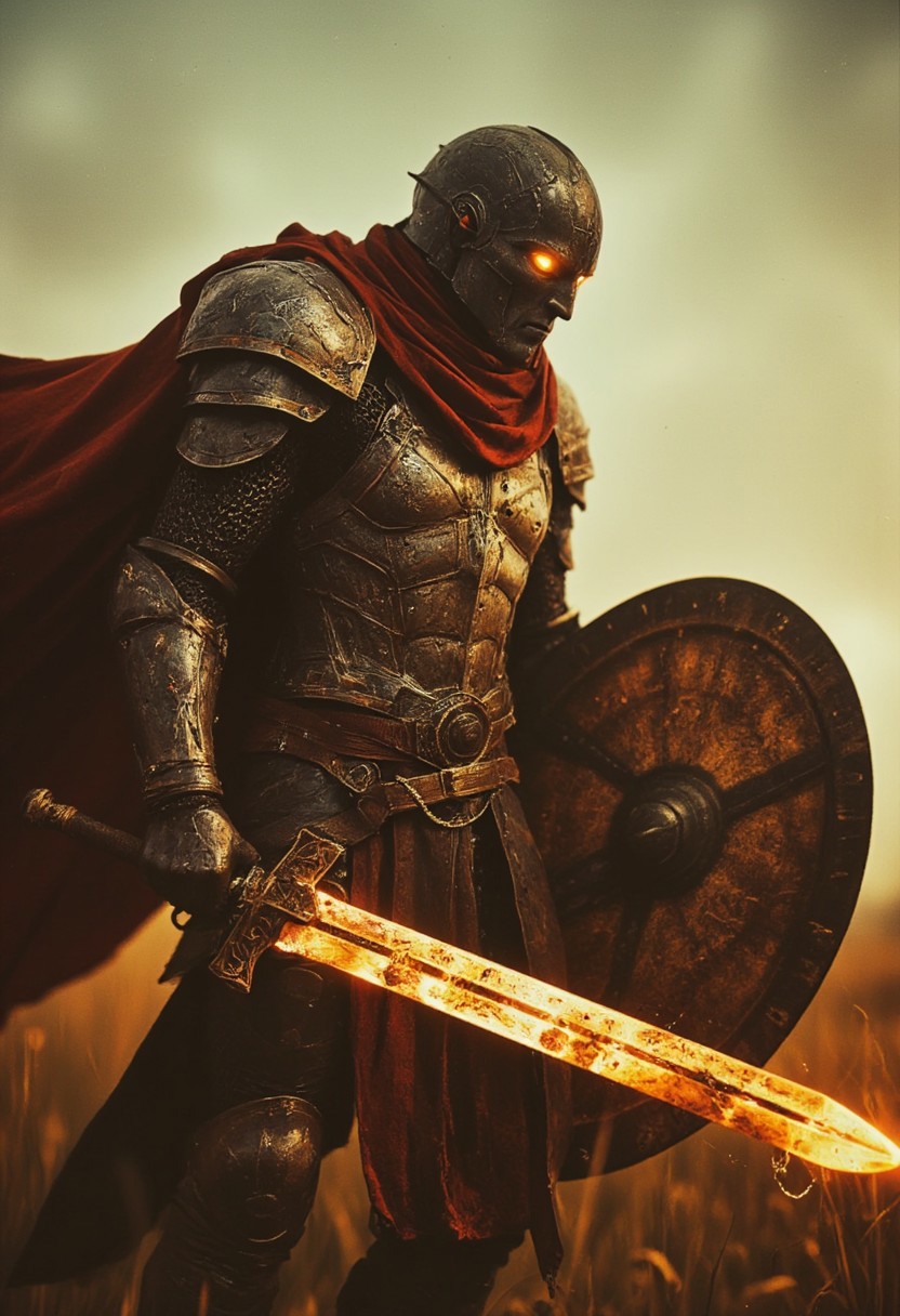 Closeup of a Action Scene shot of a  towering warforged hkstyle knight with Long billowing cape in the heat of an intense, action-packed battle, captured with the gritty realism of an old analog camera. The hkstyle knight's intricately designed, battle-worn helmet emits glowing amber eyes and  reflects the  glow of his weapon—an arcane sword. The blade crackles with golden energy, gathering  at its tip,  The energy radiates along the length of the blade, casting a  glow that illuminates the knight’s helmet and armor, creating stark contrasts between light and deep shadows.
In his other hand, the knight wields an impressive  shield, adorned with the iconic symbol of an elder god. The shield emanates a sense of awe as if imbued with divine magic, adding to the overall awe of his presence. The glow from the sword throws the intricate details of the shield into sharp relief, casting long shadows that flicker across the Long Plains scenery battlefield amidst grasslands