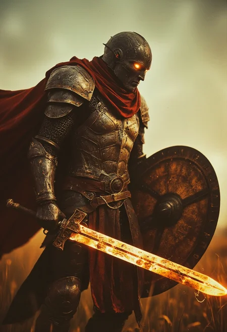 Closeup of a Action Scene shot of a towering warforged hkstyle knight with Long billowing cape in the heat of an intense, action-packed battle, captured with the gritty realism of an old analog camera. The hkstyle knight's intricately designed, battle-worn helmet emits glowing amber eyes and reflects the glow of his weapon—an arcane sword. The blade crackles with golden energy, gathering at its tip, The energy radiates along the length of the blade, casting a glow that illuminates the knight’s helmet and armor, creating stark contrasts between light and deep shadows.
In his other hand, the knight wields an impressive shield, adorned with the iconic symbol of an elder god. The shield emanates a sense of awe as if imbued with divine magic, adding to the overall awe of his presence. The glow from the sword throws the intricate details of the shield into sharp relief, casting long shadows that flicker across the Long Plains scenery battlefield amidst grasslands