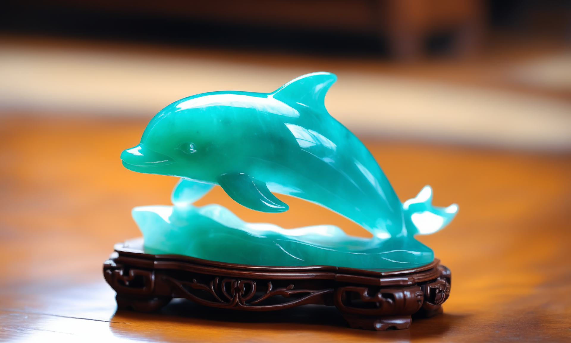 ethereal fantasy concept art of  <lora:jadeitecarvingcd_xl-000006:0.6>,a statue of a dolphin made of (blue jadeite, transparent) on floor,tilt-shift,miniature,jadeitecarvingcd_xl with blue theme,no humans,long-focus,indoors,chinese zodiac,wooden table,cutie,cute,still life,animal statue,front view,facing viewer,looking at viewer . magnificent, celestial, ethereal, painterly, epic, majestic, magical, fantasy art, cover art, dreamy