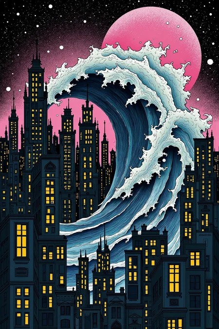, sharp photo of an illustration of a cityscape with a large wave in the center. The wave is blue and white, with a pink moon in the top right corner. The cityscape is made up of multiple tall buildings with black windows and yellow lights. The buildings are arranged in a way that creates a sense of depth and dimension. The background is black, with small white dots scattered throughout. The overall mood of the image is dark and mysterious.