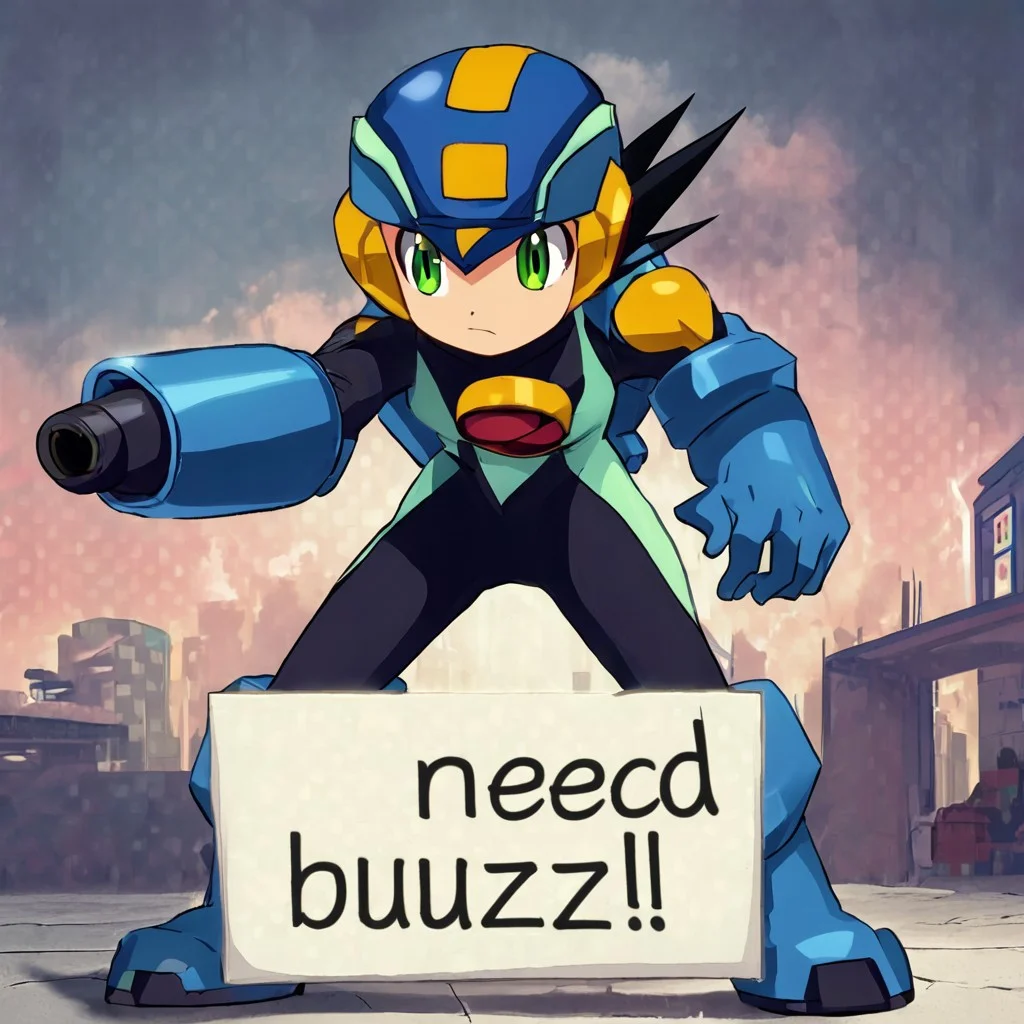need_buzz, holding sign,1boy, megaman, black hair, green eyes, helmet, bodysuit, gloves, boots arm cannon