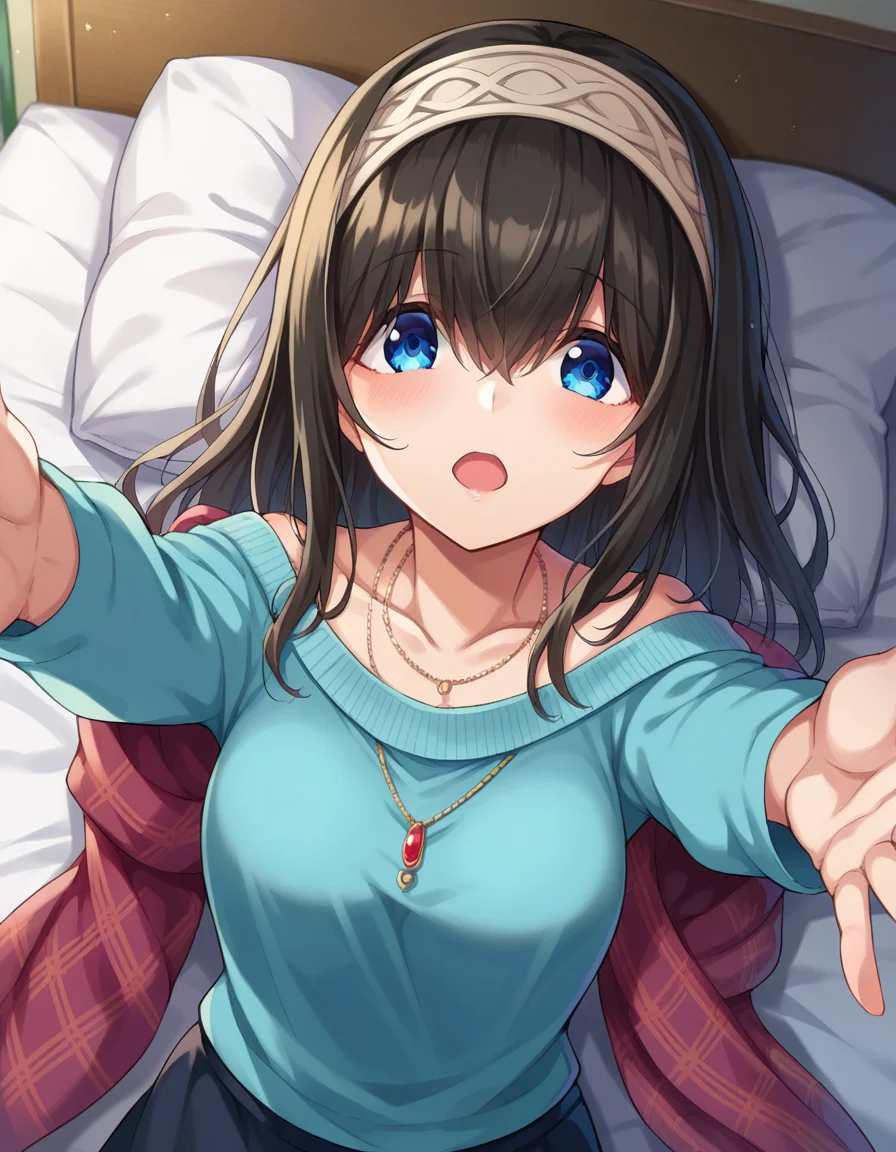 score_9, score_8_up, score_7_up, source_anime,
fumikasagisawa, <lora:fumika-sagisawa-ponyxl-lora-nochekaiser:1>,
fumika sagisawa, blue eyes, black hair, hairband, long hair, hair over eyes,
blue sweater, collarbone, jewelry, necklace, shawl, sweater, skirt,
indoors, bed, bed room, on back, arm support, arms up, incoming hug, pov, reaching, reaching towards viewer,
looking at viewer, dutch angle, cowboy shot,