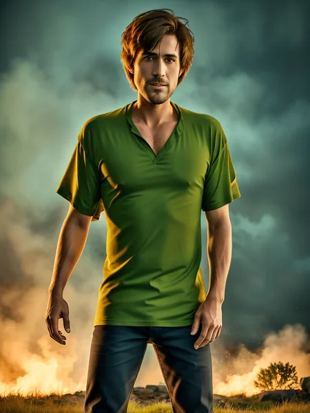 1boy, Shaggy, a man with green shirt, brown pants, black shoes, ULTIMAXPOWER_mode, green ghoulish fire, blue shaggy ghost in the background ,masterpiece, highly detailed, 8K, stunning, hdr, (RAW photo:1.2), (photorealistic:1.2),(masterpiece:1.4), <lora:Shaggy-000012:1>