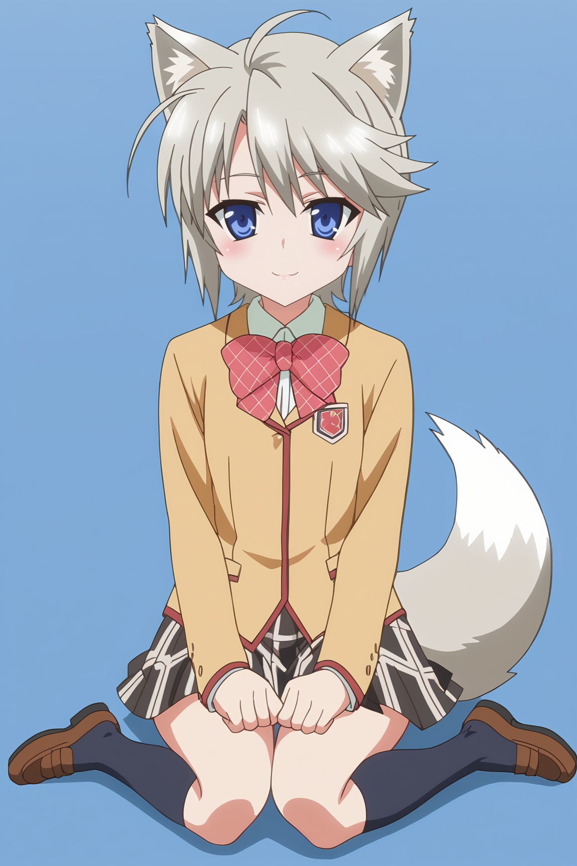 score_9, score_8_up, score_7_up, source anime, prefect lighting, very aesthetic, BREAK, anime coloring, anime screencap,
<lora:ezomori_nozomu_v1-pdv6:1>, 1girl, ezomori nozomu, kanokon, blue eyes, grey hair, short hair, wolf ears, wolf tail, 
school uniform, long sleeves, bow, plaid skirt, kneehighs,
BREAK, light smile, blush, looking at viewer, 
BREAK,