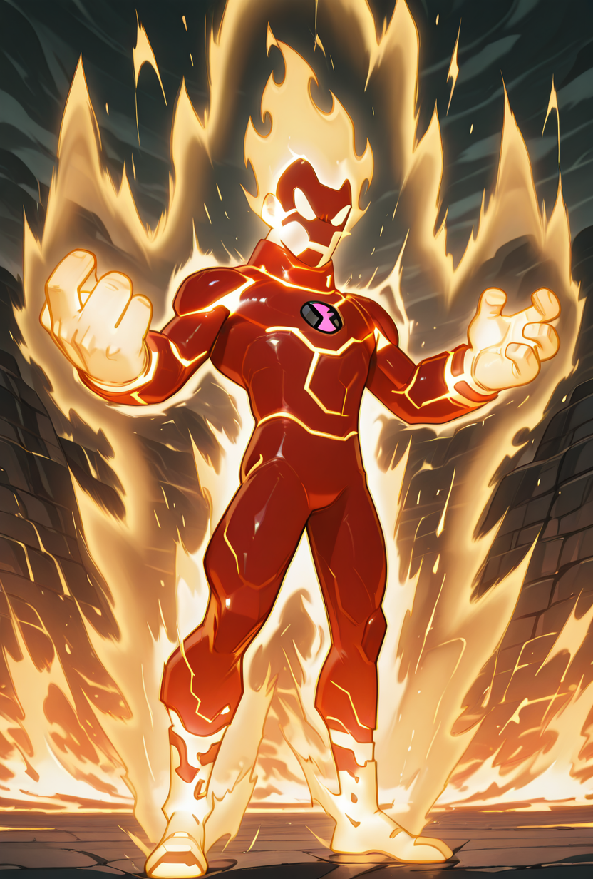 <lora:heatblast-09:1> heatblast, fire, 1boy, dynamic pose,   <lora:superSayianAura_v2_Illustrious_Mlaofmd:1> supersaiyanaura, power, aura, sharp aura, yellow aura, massive fire,, masterpiece, best quality, amazing quality, very aesthetic, absurdres, newest,