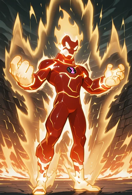 <lora:heatblast-09:1> heatblast, fire, 1boy, dynamic pose, <lora:superSayianAura_v2_Illustrious_Mlaofmd:1> supersaiyanaura, power, aura, sharp aura, yellow aura, massive fire,, masterpiece, best quality, amazing quality, very aesthetic, absurdres, newest,