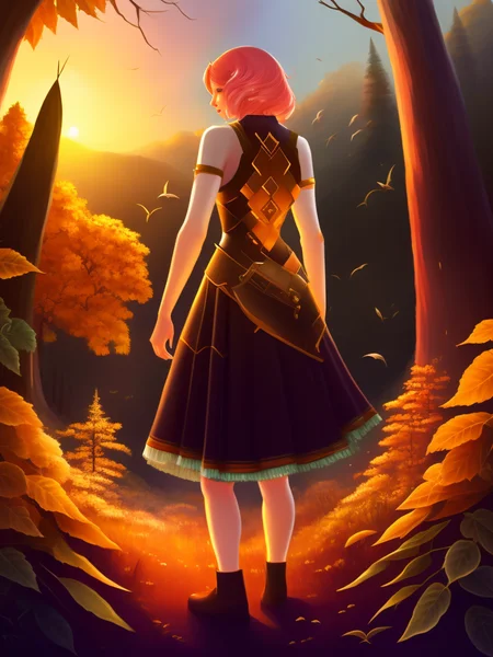 digital painting full body portrait of newtkn alisabcnv, art by midjourney, inside a bottle surrounded by nature, mold all over the place, ultra detailed birds, and trees background, autumn, brown leaves, sunset