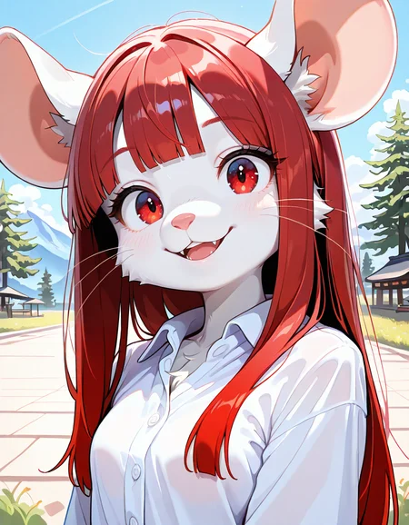 masterpiece, best quality, very aesthetic, absurdres,
outdoors,
button up shirt,
headshot, head tilt, happy, fangs,
, parted lips, long eyelashes,
<lora:Aniya_v01_NAIXL:1>
Aniya, 1girl, solo, furry, furry female, mouse girl, long hair, red hair, gradient hair, straight hair, blunt bangs, sidelocks, red eyes, long snout, animal nose, whiskers, body fur, white fur,