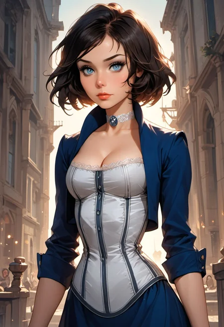 Stable_Yogis_PDXL_Positives, (score_9, score_8_up, score_7_up), source_nsfw, ((face focus, eye focus, dynamic angle, motion)), ((waist-up portrait)), 1girl, fantasy, ((pureerosface_xl)), 
BREAK,
(1girl, solo, leodv), (ELIZABETH1, Short hair, blue eyes, cropped jacket, blue dress, corset, choker, cleavage), blue eyes, large breasts, source-fantasy, jewelry, female focus, choker, eyeshadow, slim-thick body, medieval fantasy clothes, apart breasts, large breasts, tiny waist, wide hips, slender figure, 
standing, ((slutty pose)), breathless intimacy, textured skin, leggings, petite model bombshell, delicate features, narrow pointy nose, tiny nose, lust, big eyes, seductive eyes, detailed skin, flared lashes, mascara, makeup, breasts, athletic body, narrow waist, wide hips, ((tiny waist)), slender figure, sensual gaze, 
warm light, detailed, two arms, good hands,
BREAK,
milky way, runes, arcane, astral, surreal, ethereal glow, masterpiece, best quality, intricate design. colorful, fantasy city streets, evening, sunset light, moody whimsical color palette, bold soldering lines, volumetric light shining through, crepuscular rays, intricate craftsmanship, detailed texture, luminous transparency, reflective light play, vivid hues, atmospheric depth, enchanting silhouette, art nouveau,