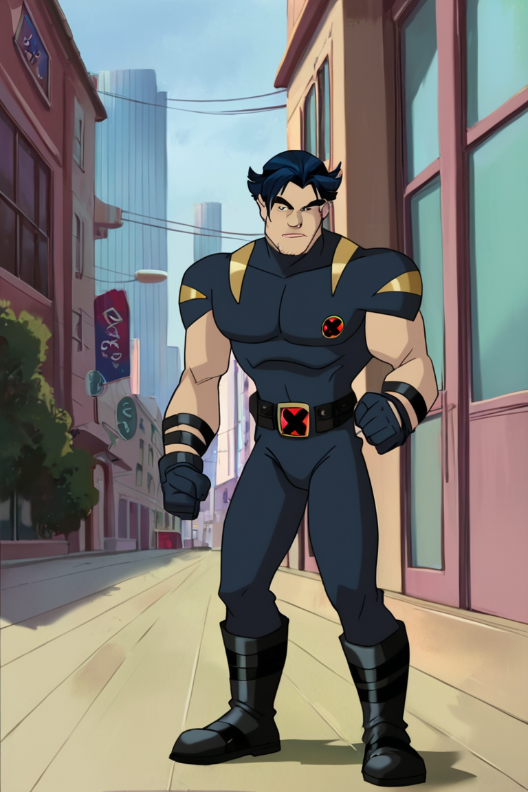score_9, score_8_up, score_7_up, logan, xevosuit, 1boy, solo, male focus, mature male, short hair, dark blue hair, brown eyes, thick eyebrows, facial hair, stubble, sideburns, bodysuit, dark blue bodysuit, short sleeves, dark blue gloves, black belt, pants, black footwear, muscular, clenched hands, looking at viewer, standing, full body, outdoors, city, building <lora:Wolverine (Logan) X-Men Evolution (Second Suit) v1.1 [LoRA] - Pony V6 XL:0.85>
