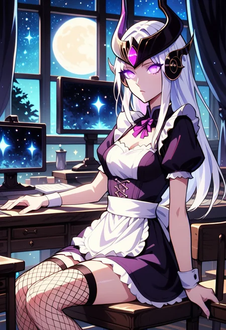 score_9_up, score_8_up, score_7_up, source_Syndra, sitting on a chair, (short maid dress, sexy maid dress, fishnet thight stockings), masterpiece, perfectly detailed, detailed face, detailed background, 1girl, BREAK, glowing white hair,
window, monitor, night view, night, stars, glitter, sparkles, mist, dramatic lighting, glowing eyes, purple eyes, full moon, long white hair, monitor on the desk