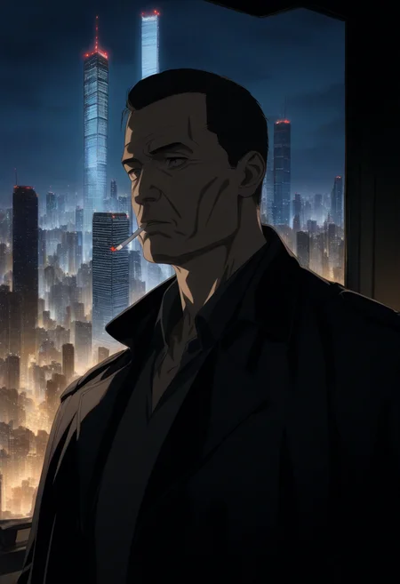 <lora:oshii:1>,1 man,black trench coat,serious,streed,night,skyline,shadow.walking,smoking,high detailed background,close-up,dark,portrait,skyscraper, glass,crowded,, cinematic light,masterpiece,best quality,very aesthetic,absurdres,incredibly absurdres,<lora:add_detail:1>,explit,NSFW,