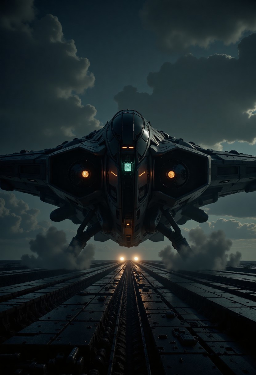 nistyle, in the style of ck-mgs,, in the style of cksx, ckspaceship, silhouette art, chiascuro, a futuristic, highly advanced fighter plane taking off from an aircraft carrier at night, viewed diagonally, it's landing carriage not retracted. The plane is made of a dark gunmetal alloy with rivets, bolts, glowing LEDs and diodes, and has large guns mounted on the exterior; the cockpit shows glowing led lights, and has a large air intake