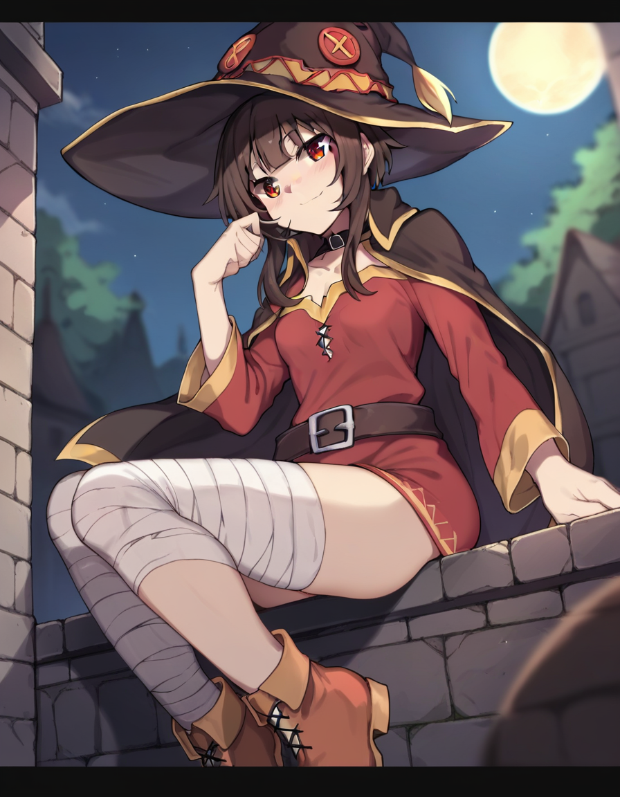 solo, cute smile, red_eyes, megumin, small_breasts, half-closed_eyes,witch_hat,bandaged_leg,night_sky, moonlight, leaning on the balcony , score_9, score_8_up, score_7_up, score_6_up, score_5_up, score_4_up, source_anime, BREAK  <lora:Nagioka_Artist_Style_ponyXL-000017:1>