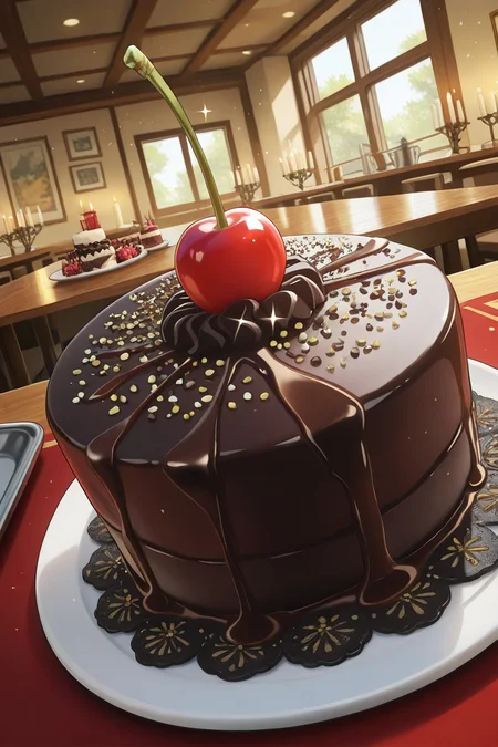 realistic shading, natural lighting, food focus, dafoodie, sparkling food focus, sparkle, multicolored chocolate cake, cherry, dripping, indoors, candle on table, dutch angle, dynamic angle, intricately detailed illustration, depth of field, atmospheric perspective, masterpiece, best quality, amazing quality, very aesthetic, absurdres, newest