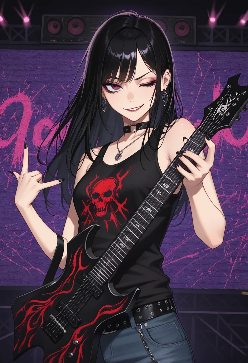 masterpiece, best quality, Graphic Design, color art, vibrant colors, colorful, intricate details, high contrast, detailed background, beautiful detailed, beautiful face, detailed eyes, detailed face, new, newest, w4rl0ck, instrument, electric guitar, holding instrument, 1girl, solo, long black hair, tank top, makeup, jeans, punk, stage, dutch angle, smirk, one eye closed, \m/, gesture, (upper body, perspective:1.4)