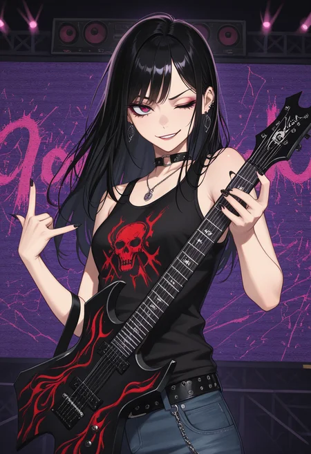 masterpiece, best quality, Graphic Design, color art, vibrant colors, colorful, intricate details, high contrast, detailed background, beautiful detailed, beautiful face, detailed eyes, detailed face, new, newest, w4rl0ck, instrument, electric guitar, holding instrument, 1girl, solo, long black hair, tank top, makeup, jeans, punk, stage, dutch angle, smirk, one eye closed, \m/, gesture, (upper body, perspective:1.4)