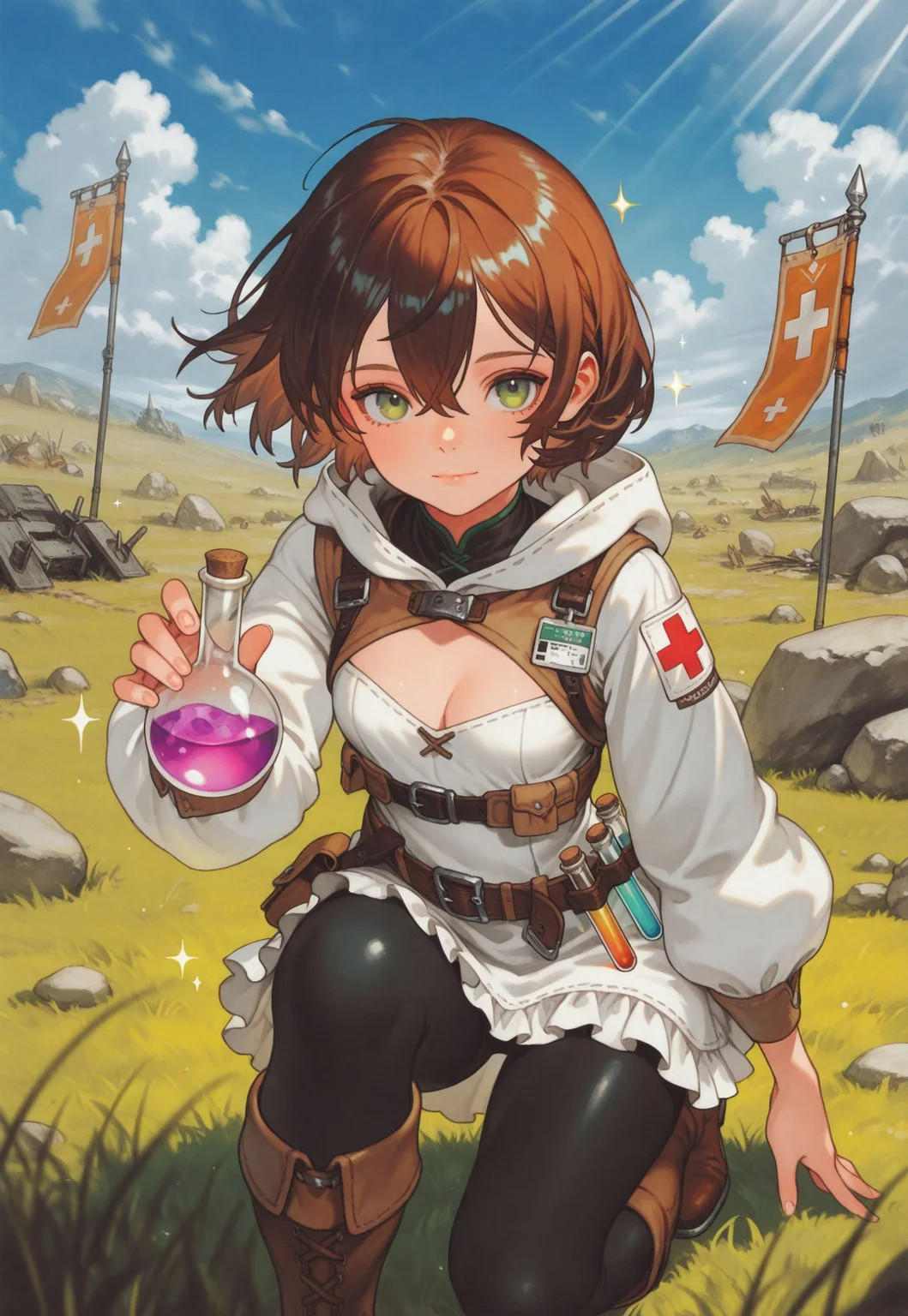 masterpiece, best quality, very aesthetic, absurdres,
cowboy shot, 1girl, solo,
medic, green eyes, brown hair, short hair, hair between eyes, lips, small breasts, cleavage,
cropped vest, brown vest, hooded shirt, hood down, see-through, white tunic, cleavage cutout, puffy long sleeves, gathers, belt, black leggings, knee boots, brown footwear,
magic, sparkle, holding vial, potion, healing,
looking at viewer, on one knee, light smile, closed mouth, outstretched hand,
outdoors, battlefield, day, blue sky, cloud, cloudy sky, wind, depth of field, rock, grass, banner, light rays,
pov legs,
oygilmb
rakugakingu
bdbgil
