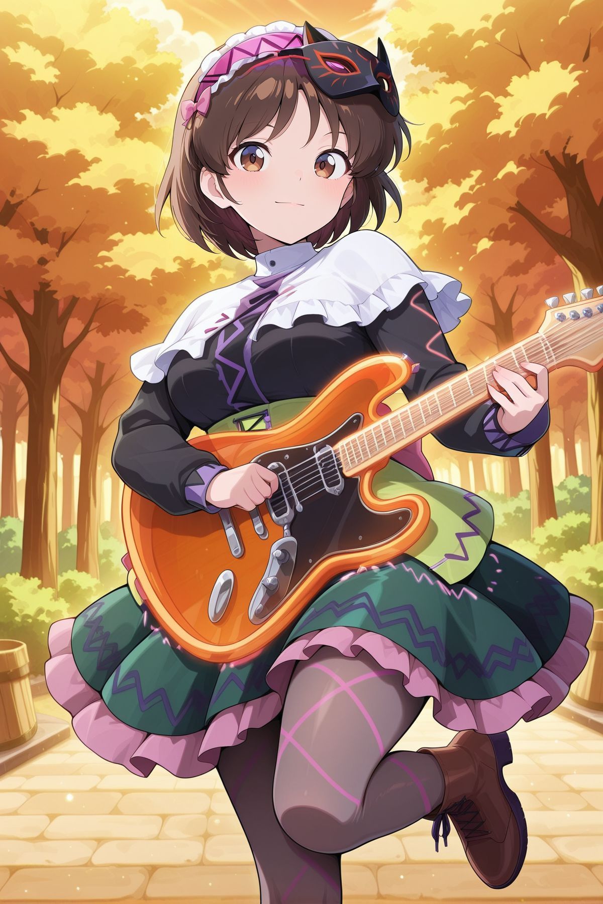 absurdres, highres, masterpiece, best quality, amazing quality, official anime artwork, screencap, anime screencap, outdoors, looking at viewer, light smile, dynamic pose, 
<lora:Tsukomo-Yatsuhashi_Illustrious:1> tsukumo yatsuhashi, 1girl, solo, brown eyes, brown hair, short hair,, tsukumo yatsuhashi \(rebel koto guitarist\), alternate costume, mask on head, black mask, pink hairband, frilled hairband, headphones, white capelet, frilled capelet, black dress, frilled dress, long sleeves, green skirt, grey panthyhose, lace-trim, brown boots, pink bow, holding guitar, electric guitar,