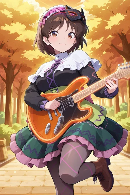 absurdres, highres, masterpiece, best quality, amazing quality, official anime artwork, screencap, anime screencap, outdoors, looking at viewer, light smile, dynamic pose,
<lora:Tsukomo-Yatsuhashi_Illustrious:1> tsukumo yatsuhashi, 1girl, solo, brown eyes, brown hair, short hair,, tsukumo yatsuhashi \(rebel koto guitarist\), alternate costume, mask on head, black mask, pink hairband, frilled hairband, headphones, white capelet, frilled capelet, black dress, frilled dress, long sleeves, green skirt, grey panthyhose, lace-trim, brown boots, pink bow, holding guitar, electric guitar,