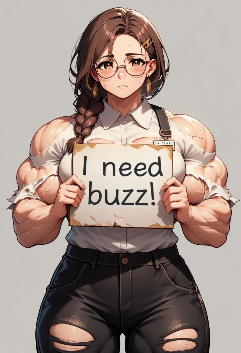 score_9, score_8_up, score_7_up, score_6_up, score_5_up, score_4_up, source_cartoon, rating_safe, 1girl, solo, muscular female, (huge muscles:1.2), mature female, aged up, brown eyes, (gold earrings), round glasses, (hair clip), brown hair, braided ponytail, sidelighting, cowboy shot, white shirt, collared shirt, long sleeves, breast pocket, name tag, black pants, pants, torn clothes, (torn pants:1.3), (torn sleeves:1.3), skindentation, (sweat), medium breasts, standing, pleading eyes, looking at viewer, frown, need_buzz, holding sign