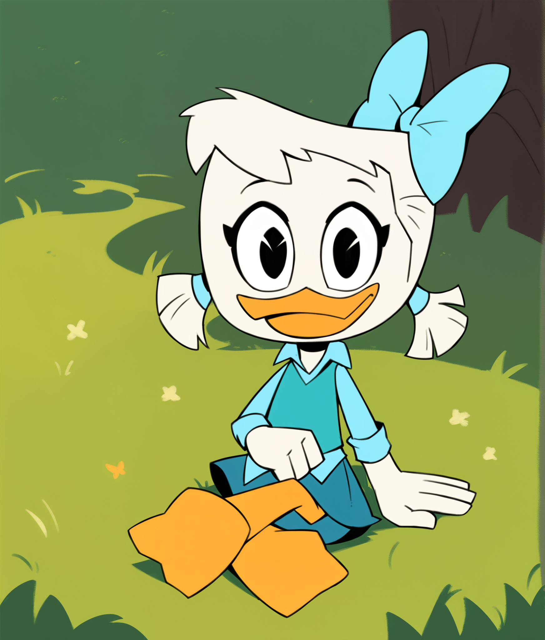 score_9, score_8_up, score_7_up, score_6_up, best quality, highres, source_furry (outdoors, grass, tree)
1girl, solo, junepdxl, (duck, beak:1.2), white body, pigtails, black eyes, eyeliner, full body, sitting, indian style, crossed legs,, blue skirt, blue vest, blue dress shirt, clothed, webbed feet, orange legs, blue bow, hair bow, white arms, white skin, centered hair bow, short hair, young, looking at viewer, happy,<lora:May_and_June:0.9>