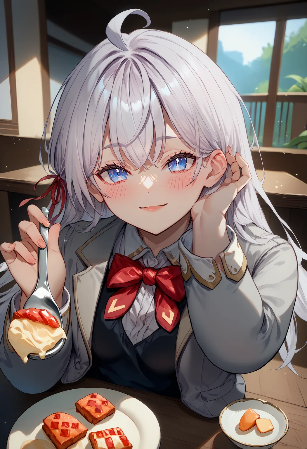score_9, score_8_up, score_7_up, 1girl, incoming food, holding spoon, <lora:IncomingFood_pdxl_Incrs_v2:1.1>, pov across table, seductive smile, <lora:Hoseki_Roshidere_Alisa_Mikhailovna_Kujou_PDXL_v1:1>, amkkj, large breasts, long hair, silver hair, crossed bangs, blue eyes, ahoge, hair ribbon, grey jacket, open jacket, notched lapels, black vest, white collared shirt, red bowtie, hand on own ear, hair tucking, hair behind ear, hand up, adjusting hair <lora:HandOnOwnEar_pdxl_Incrs_v1:1>, spoon, spoon focus, blush,